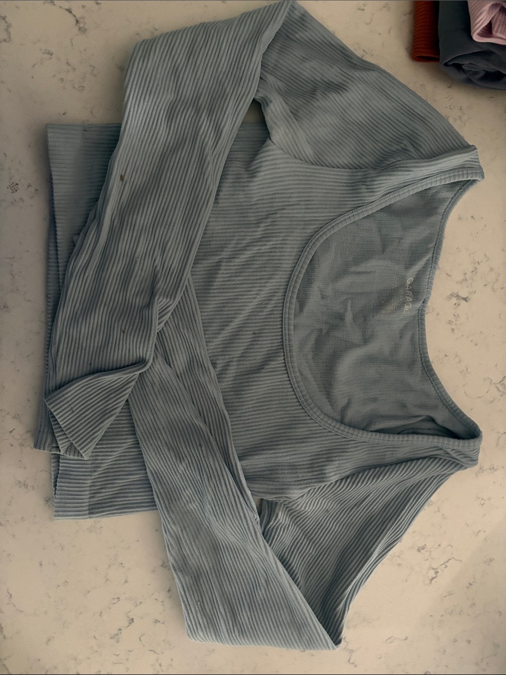 Garage Light Blue Ribbed Long Sleeve Crop Top